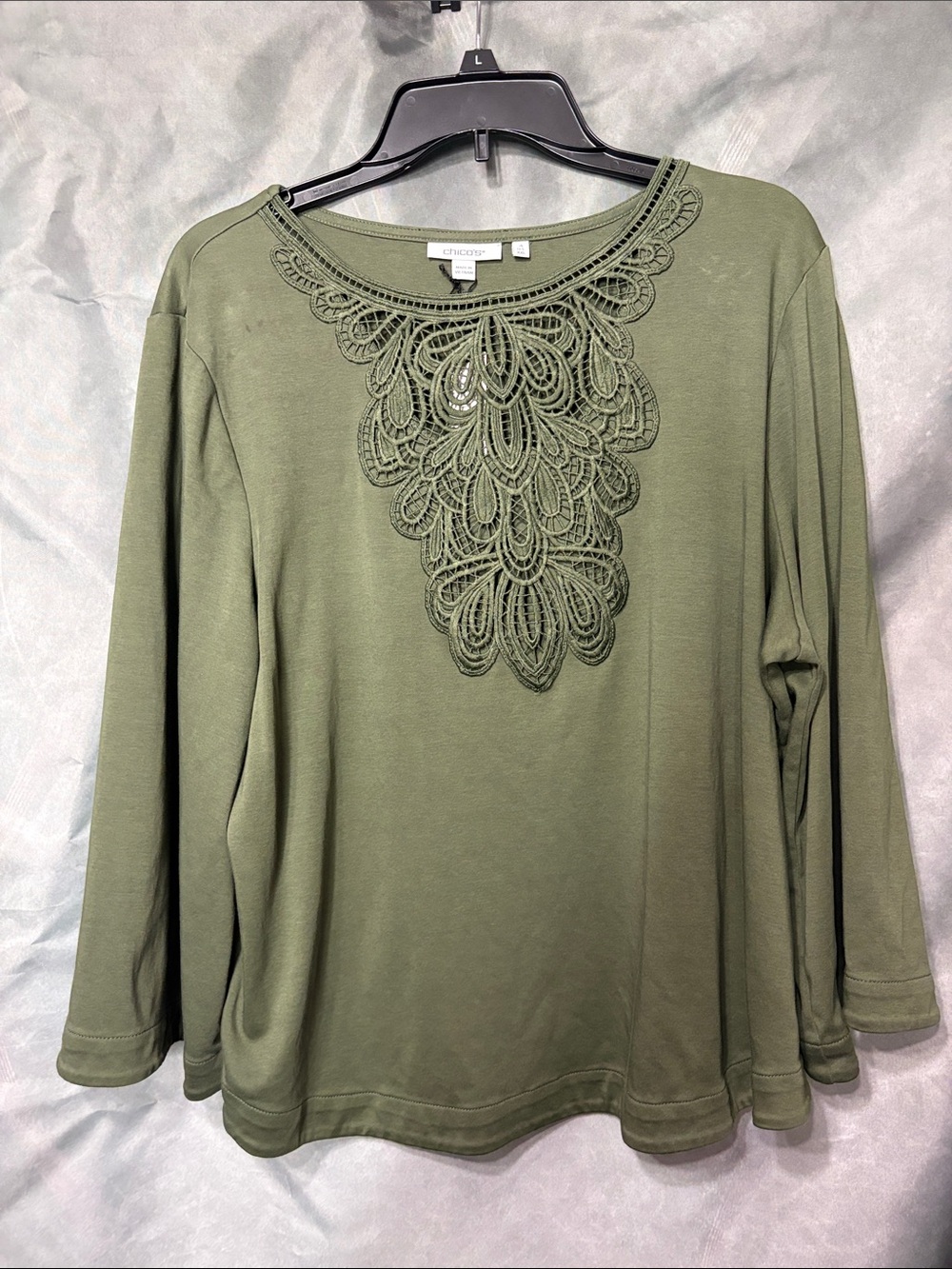 Chico's Olive Lace-Appliqué Long Sleeve Tee